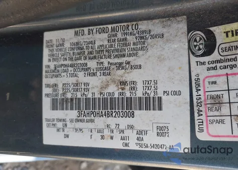 2011 Ford Fusion Se z USA, uszkodzony, nr VIN 3FAHP0HA4BR203008